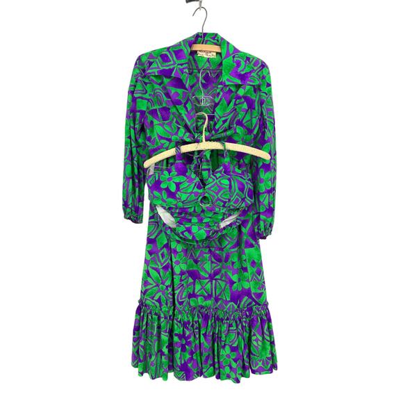 VTG Calypso 4 Pc Play Set Sz S Skirt Tie Top + Bikini Purple Green Floral Print - Picture 1 of 14